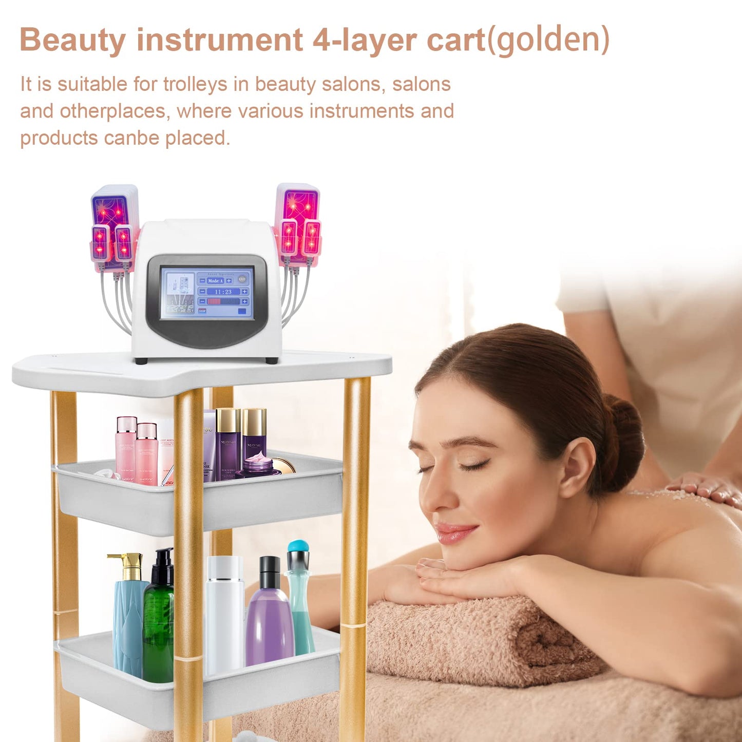 Beauty Salon Trolley Spa Styling Pedestal Rolling Cart Two Shelf ABS Aluminum Elitzia ETTROLLEY5 (Gold cart)