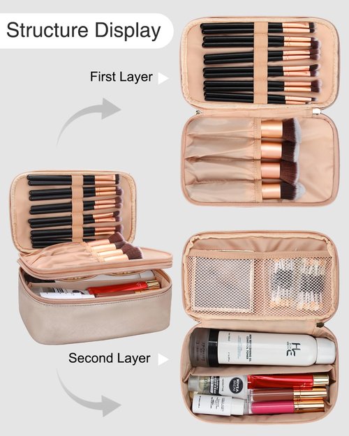 Relavel Travel Makeup Bag Multifunctional Make Up Bags with Zipper Pouch Large Compact Makeup Bag Organizer for Women Girls Cosmetics Toiletry Brushes Storage (Rose Gold)