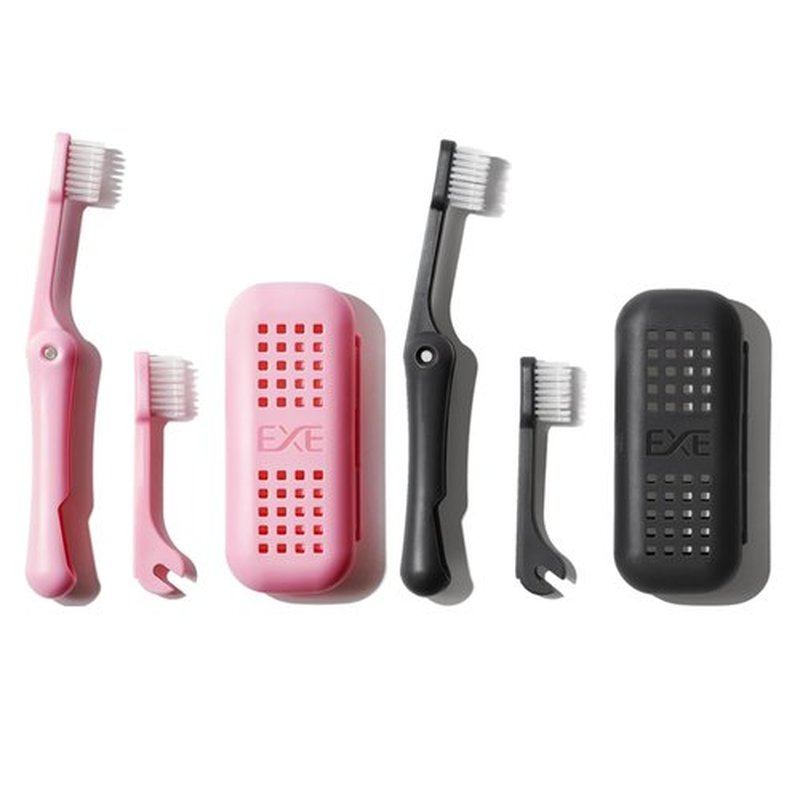 Minibox Folding Travel Toothbrush with Dual-Length Bristles & Case, Compact Mini Design for Business Trips, Camping, and Outdoor Activities, 2 Pack with 2 Extra Replaceable Brush Heads, Black & Pink