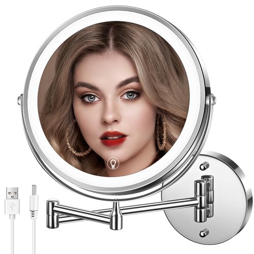 MNIENT Wall Mounted Lighted Makeup Mirror, 8" Rechargeable Double-Sided Magnifying Mirror 1x/10x, 3 Colors Led Vanity Mirror with Lights, Touch Dimmable 360° Rotation Foldable Light up Mirror