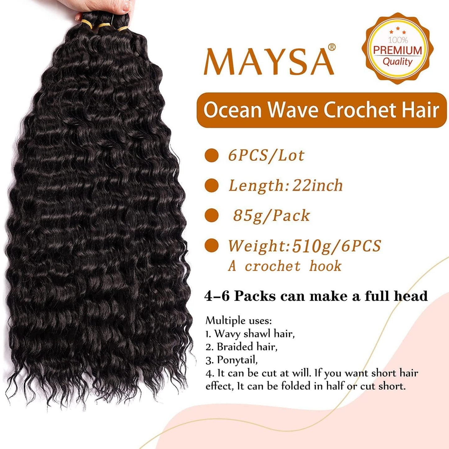 MAYSA Ocean Wave Crochet Hair 22inch Curly Crochet Hair Extensions 6Packs Soft Synthetic Wavy Crochet Hair Extensions for Women #2 Dark Brown