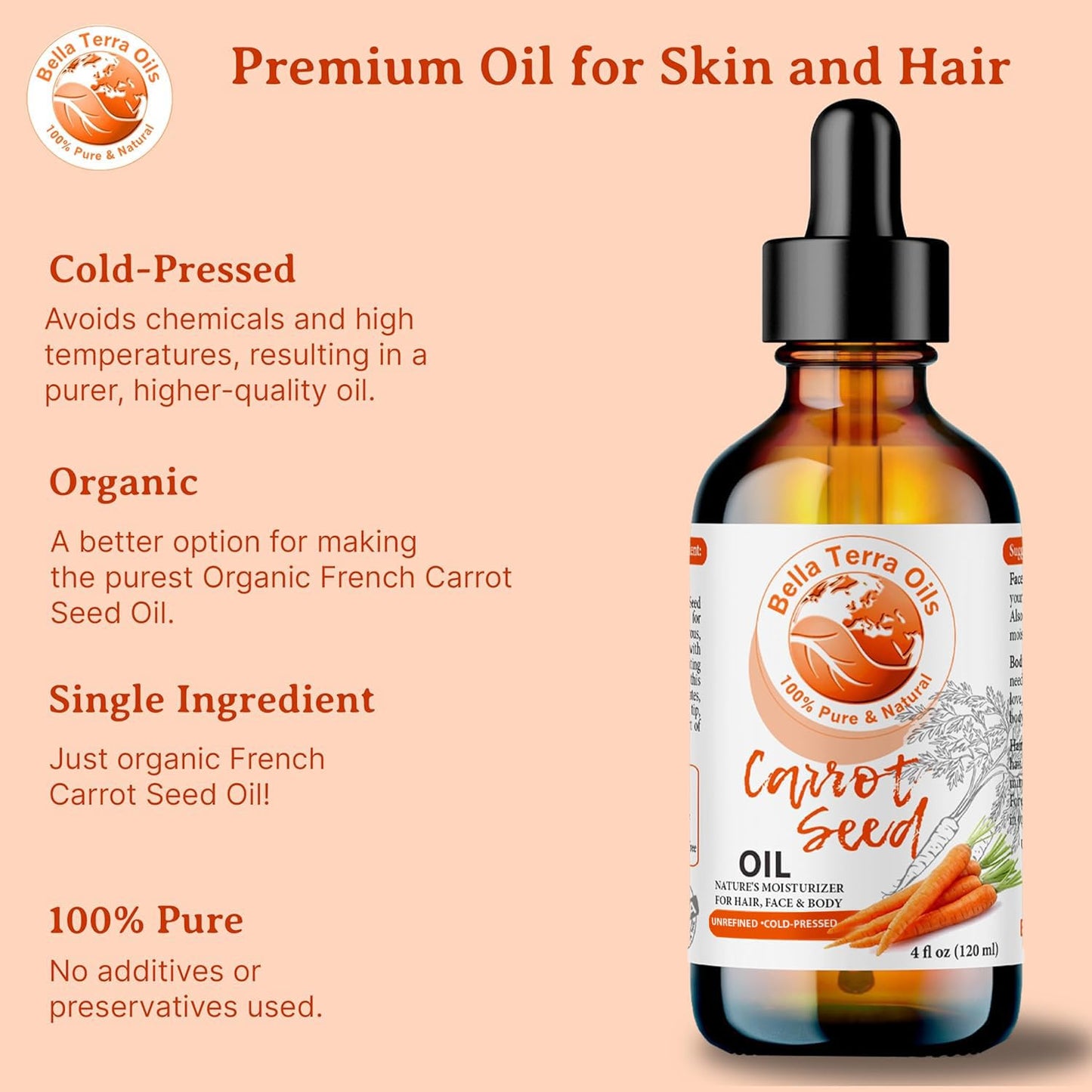 Bella Terra Oils - Natural Carrot Seed Oil 2oz - Enriched with Carotene & Essential Nutrients, Elevate Your Skin Care Regimen with This Luxurious Oil
