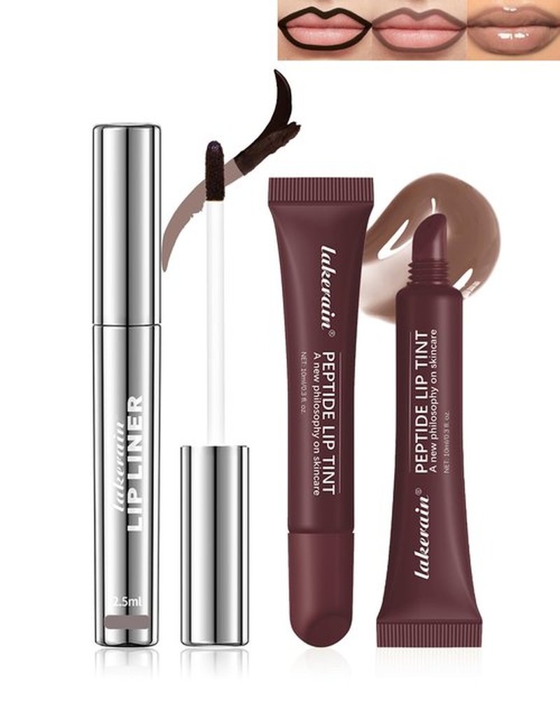 Peel Off Lip Liner Stain & Lip Gloss Set,Long Lasting Waterproof Nude Lip Stain Peel off Tattoo Lip Liner & Tinted Brown Lipstick Combo Non-Stick Cup Transfer Proof Lip Stain Color Women Makeup, Set D