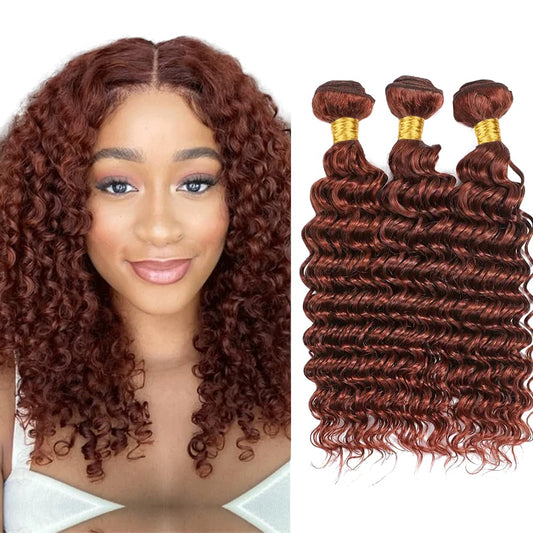 #33 Bundles Human Hair Reddish Brown Deep Wave Human Hair Bundles Copper Red Bundles Human Hair 3 Bundles 8 10 12 Inch Color #33 Deep Curly Bundles Hair Weave