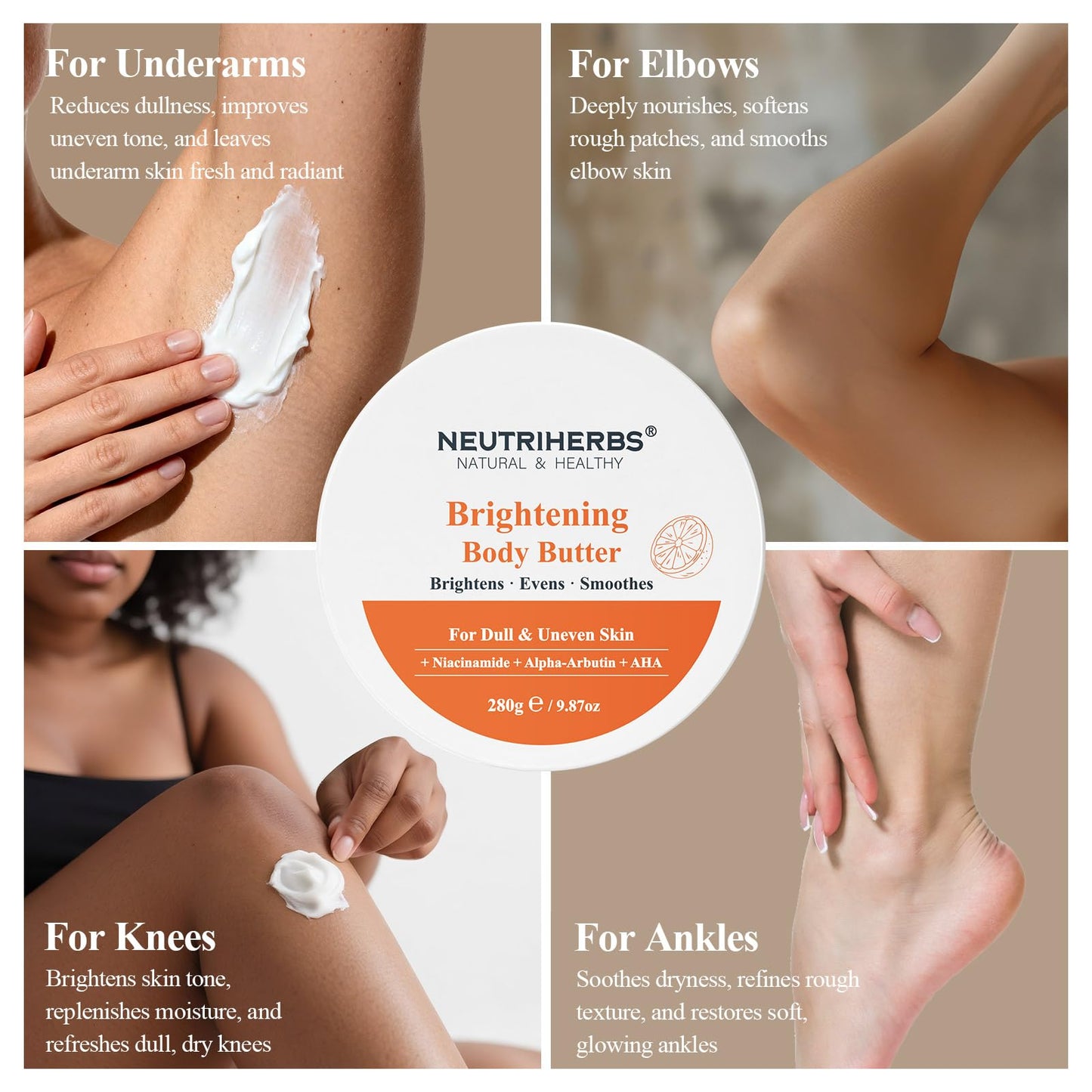 Neutriherbs Brightening Body Butter 280G – Moisturising Body and Radiant Dull Skin Body Cream for Dark Underarms, Knees & Elbows – Niacinamide, Arbutin & Shea Butter Dry Skin Moisturiser