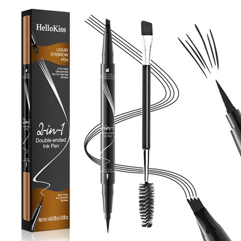 Eyebrow Pen, Microblading Eyebrow Pencil, 2-in-1 Natural Brow Eyebrow Pen with 4-Fork-Tip & Precise Brush-Tip Create Natural-Looking Brows, Stay on All Day, with Dual-ended Brow Brush, Black