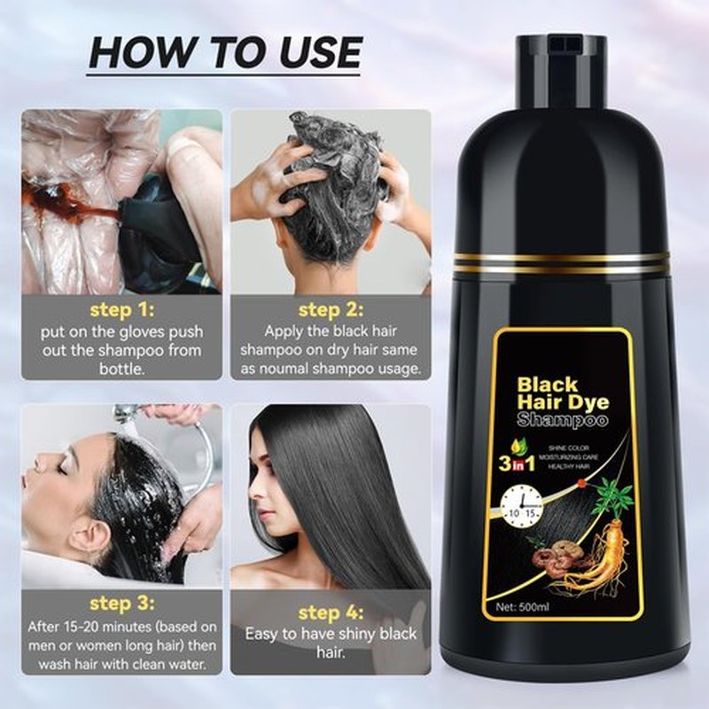 JIESSIA 3 IN 1 Hair Color Shampoo Dye For Women & Men Natural Herbal Plant Semi Permanent Grey Hair Cover Treated, 16.9 Fl Oz, Black