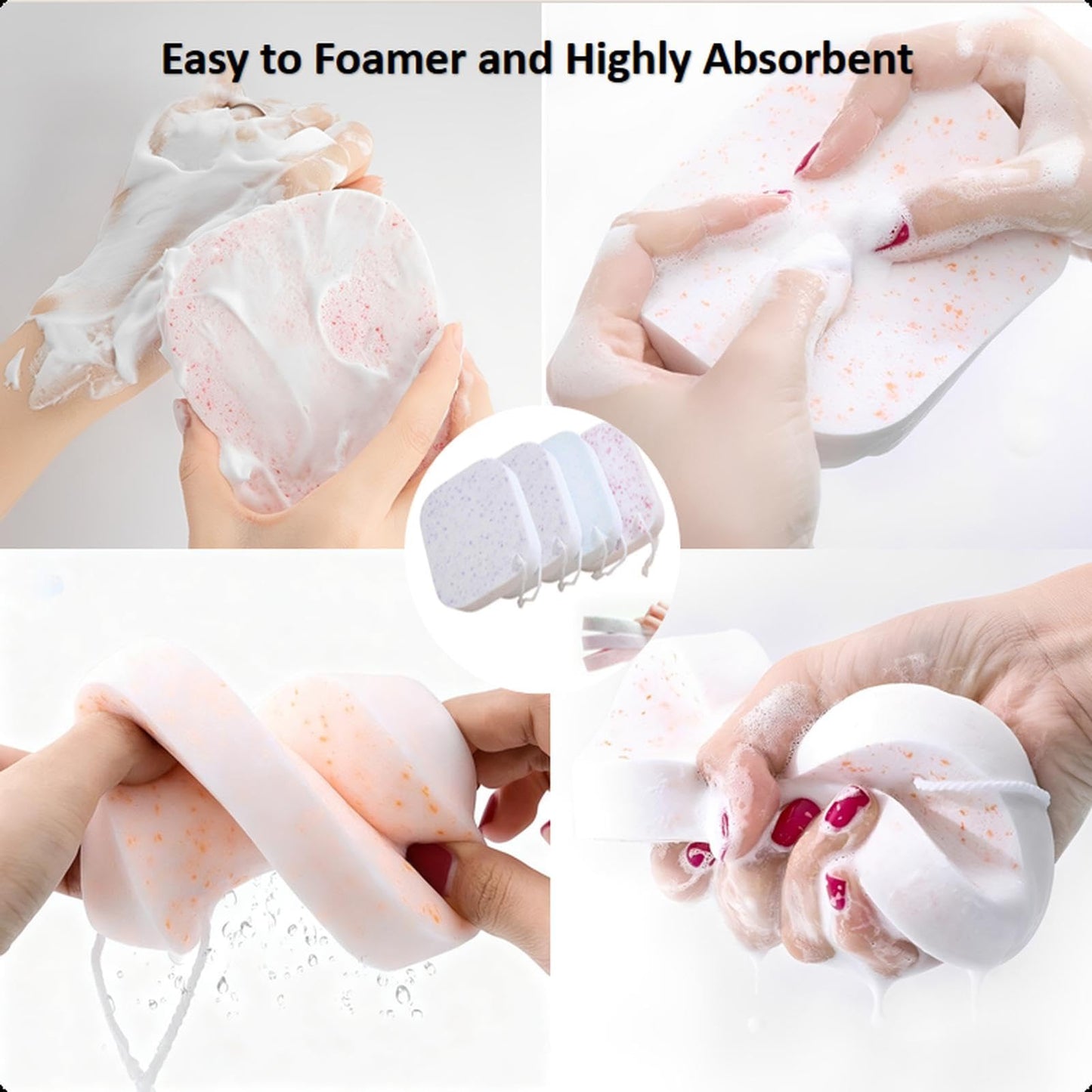 4Pcs Facial Sponges, Travel Makeup Remover Sponge with Drying Rope, Reusable Exfoliating Pads Body Scrubber, Face Sponges Thick for Cleansing, Washing Face, Exfoliating, Makeup Removal, Cosmetic Spa