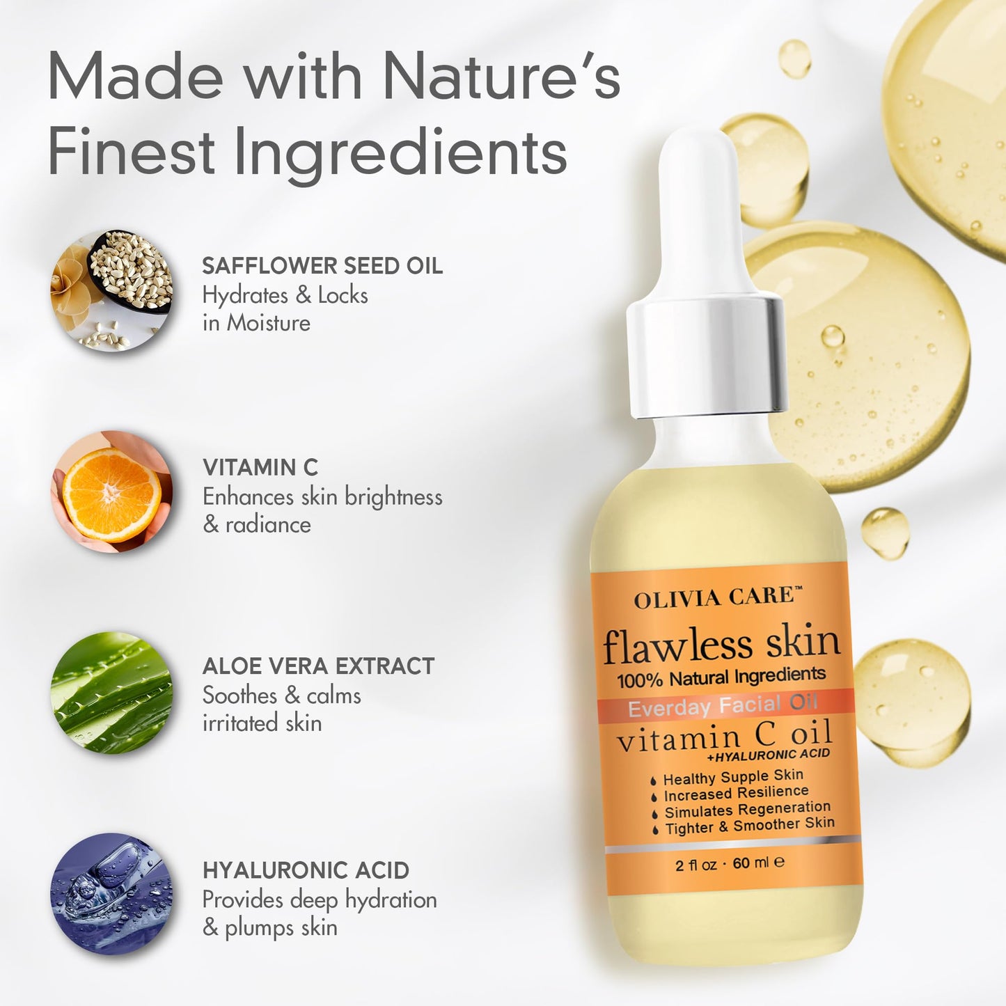 Olivia Care Vitamin C + Hyaluronic Acid Flawless Essential Facial Oil 100% Natural, Reviving, Hydrating, Calming & Soothing, Stabilize & Retain Moisture, 2 fl oz
