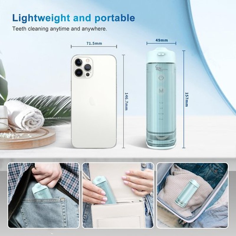 JNGOODS Mini Portable Water Flosser Oral Irrigator Water Teeth Cleaner Pick, Telescopic Water Tank, 4 Modes & IPX7 Waterproof, Home & Travel Water Flossers for Teeth, Braces Bridges Care. (Pearl Blue)