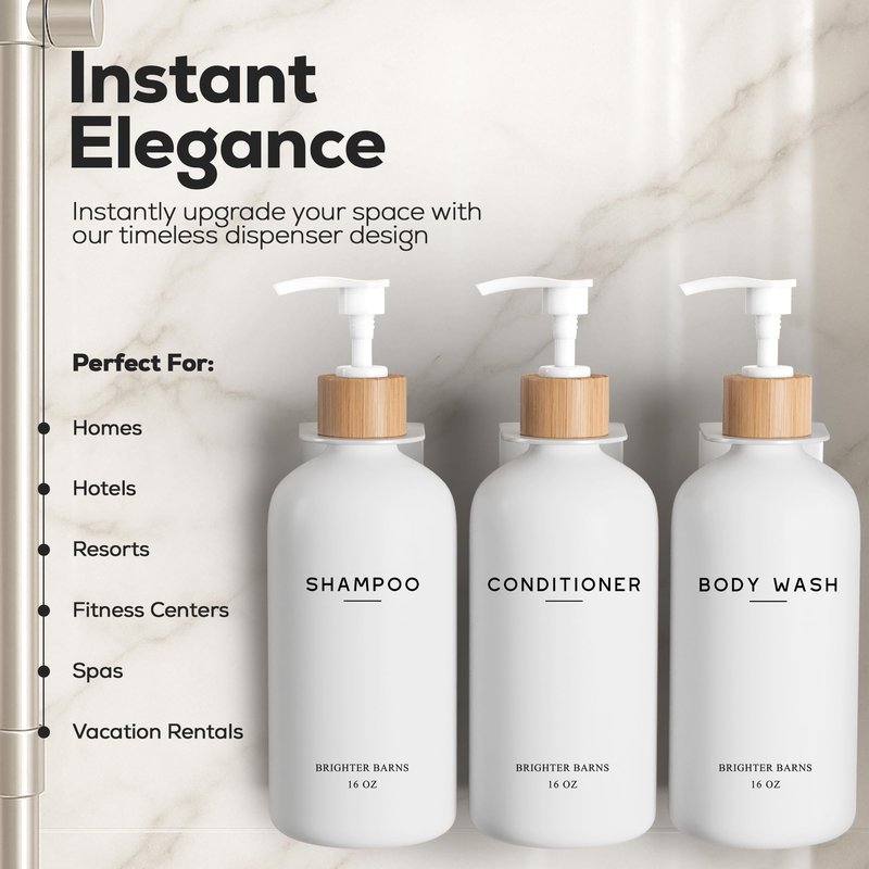 White Shampoo and Conditioner Dispenser Set Wall Mounted by Brighter Barns - Shower Dispenser 3 Chamber No Drill - Refillable Shampoo and Conditioner Bottles for Shower Wall in Airbnb, Hotel (White)