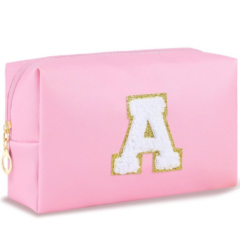 URSKYTOUS Initial Makeup Bag Personalized Preppy Cosmetic Bag Travel Toiletry Bag Waterproof PU Small Makeup Pouch Bag for Purse Birthday Gift Cute Stuff for Teen Girls Women (Pink A)