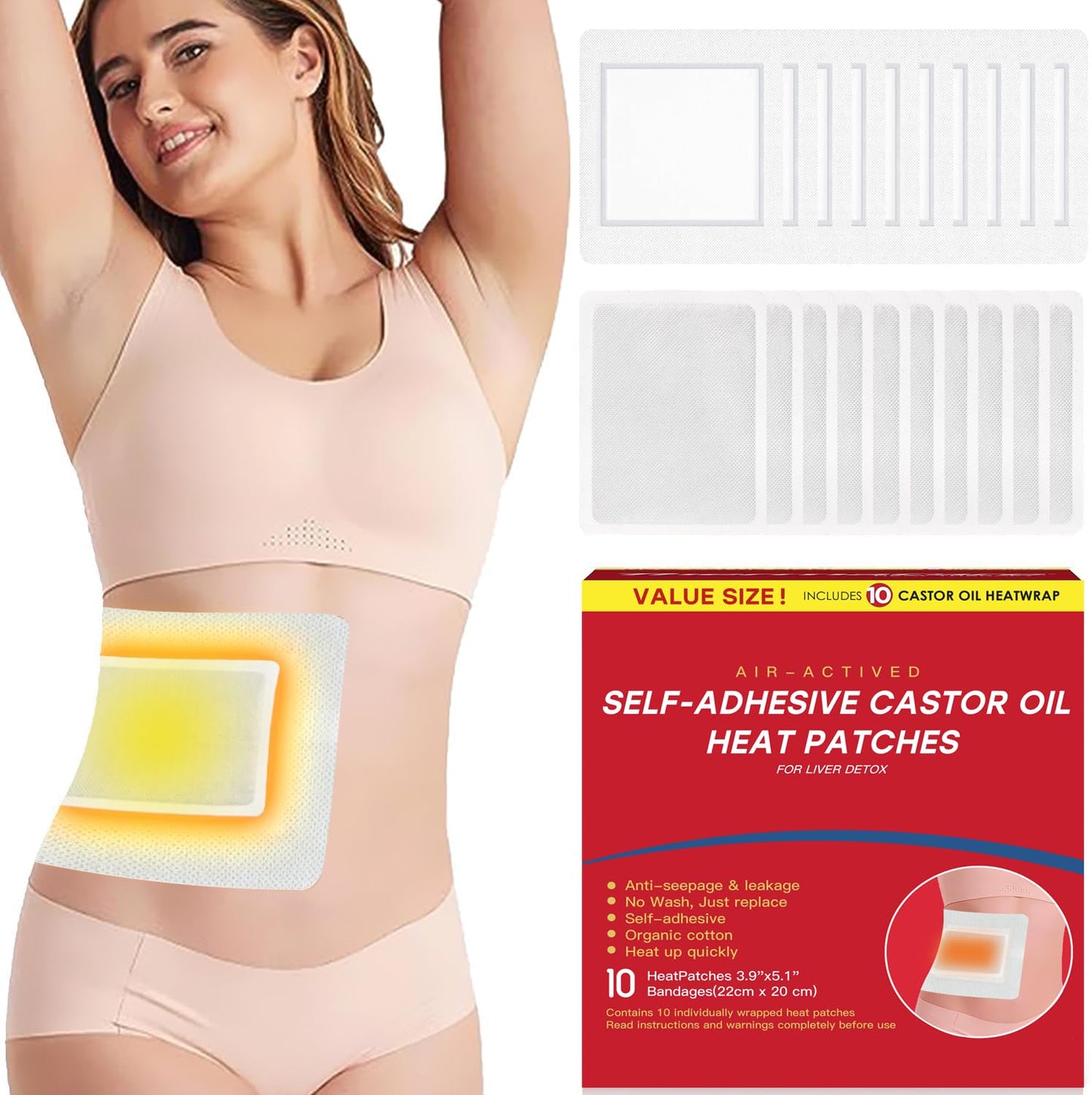 10Pcs Castor Oil Pack Heatwrap Kits, Castor Oil Packs for Liver Detox, Disposable 8.7"*7.9" Self-Adhesive & Self-Heating Castor Oil Wrap Organic Cotton, No Wash, Anti-Seepage(Oil Not Included)