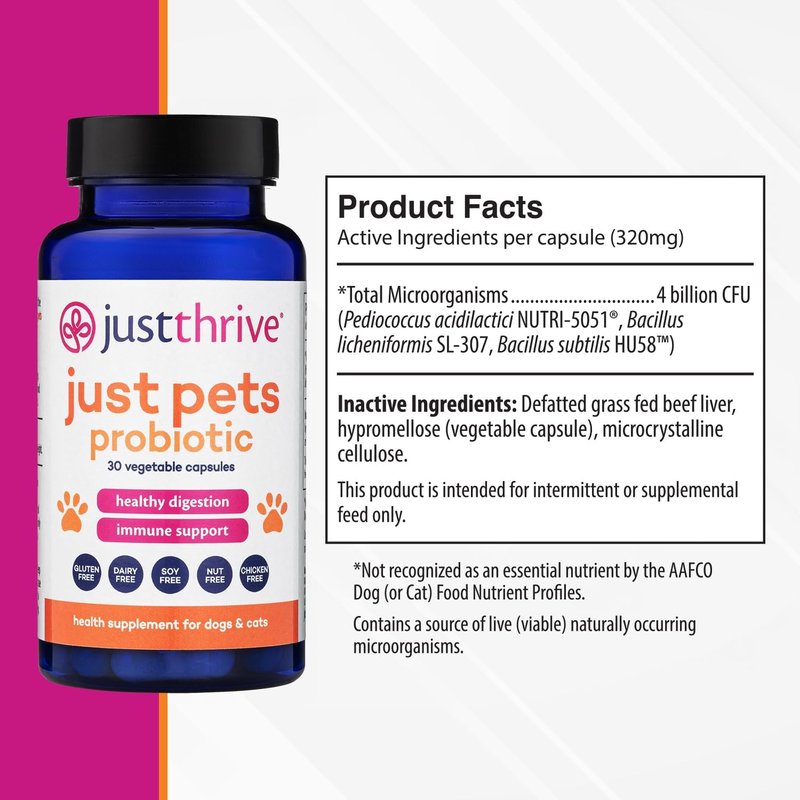 Just Pets Probiotic - Daily Digestive Probiotics for Dogs & Cats | 30 Capsules with 4 Billion CFUs