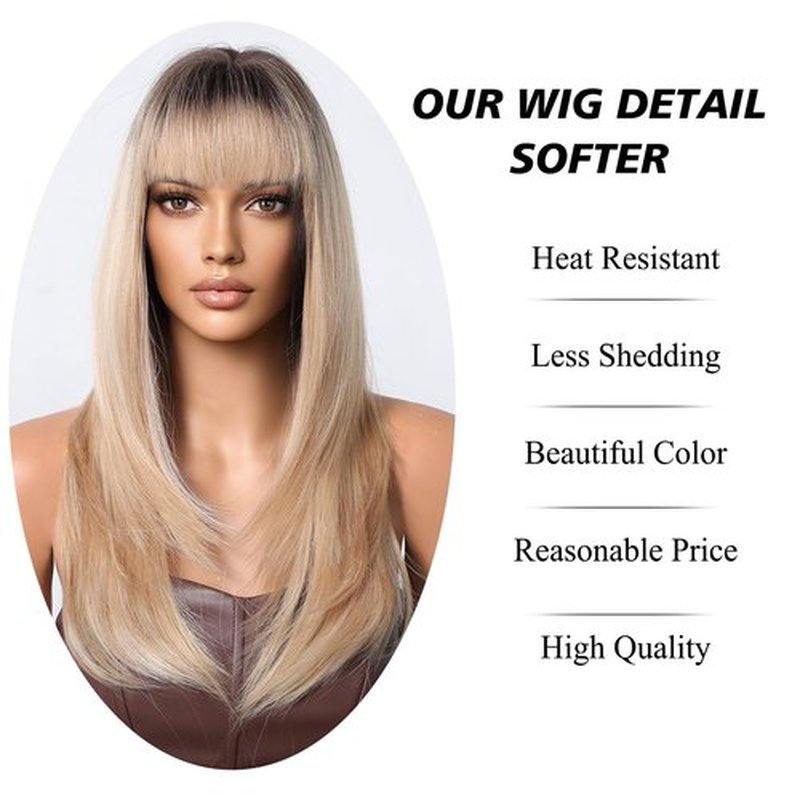 testar Long Blonde Straight Wig for Women Ombre Platinum Wigs With Bangs Synthetic Heat Resistant Wig Natural Looking For Daily Use