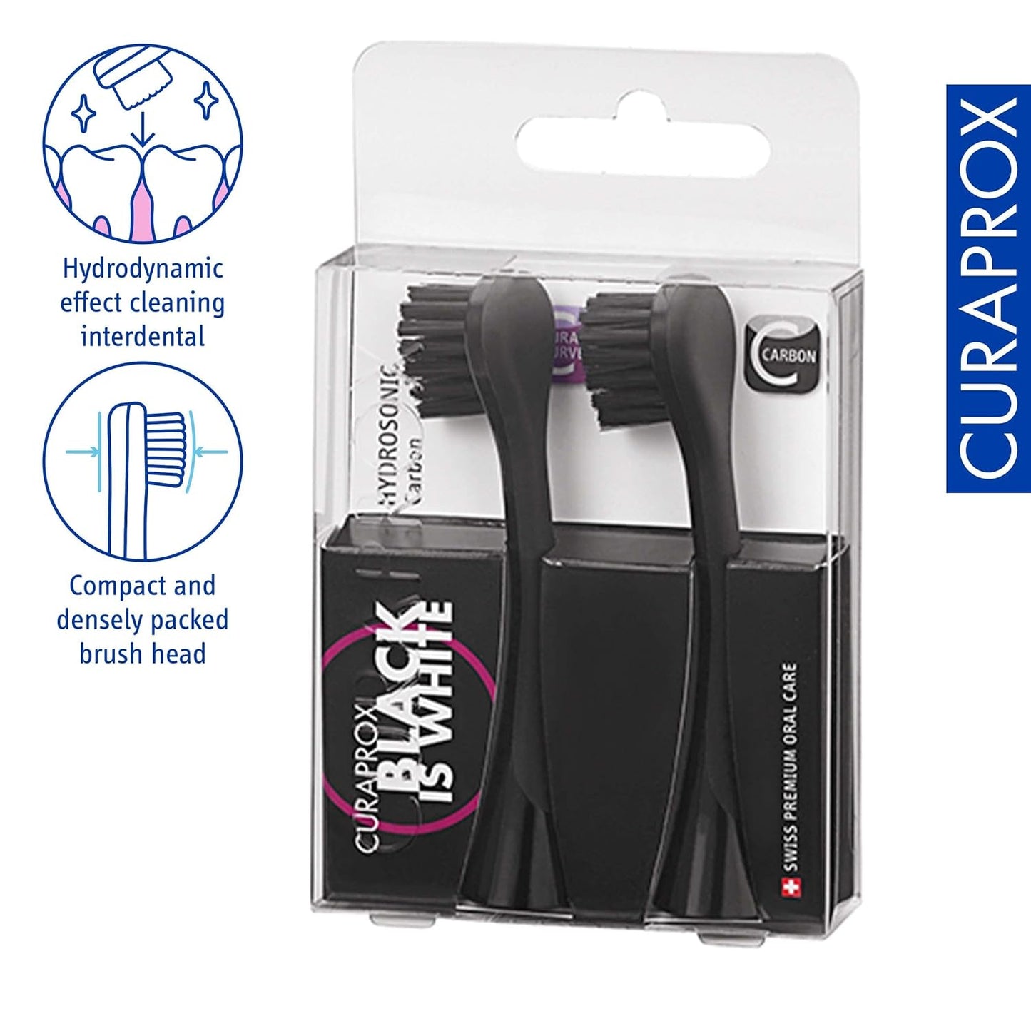 Curaprox Hydrosonic Replacement Brush Heads Duo – Black & White for Plaque Removal & Whitening, 2-Pack