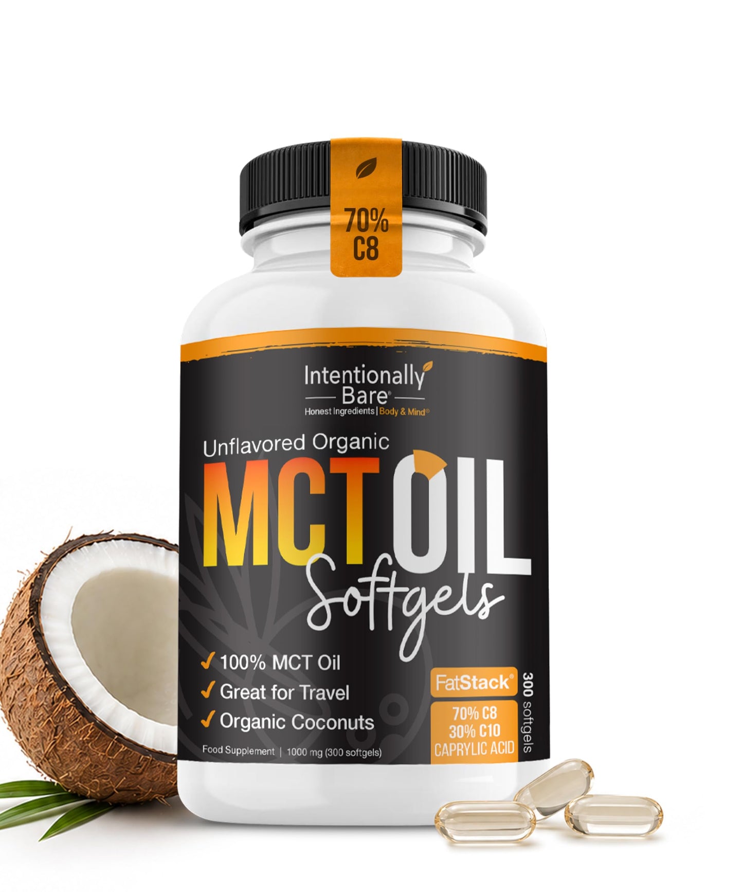 Intentionally Bare Organic MCT Oil Capsules -70% C8 and 30% C10 MCT Supplement- Clean Energy, Brain Health, Mood & Focus -Coconut C8 Pills for Low Carb, Keto & Paleo & Great for Travel-300 Soft Gels