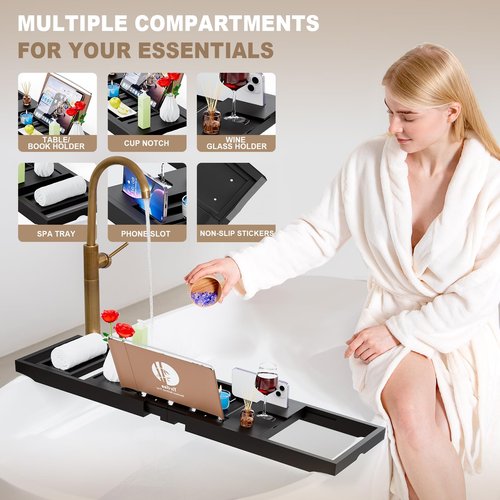 Yirilan Foldable Bathtub Caddy, Expandable Bath Tray, Unique House Warming Gifts, New Home, Anniversary and Wedding Gifts for Couple, Black