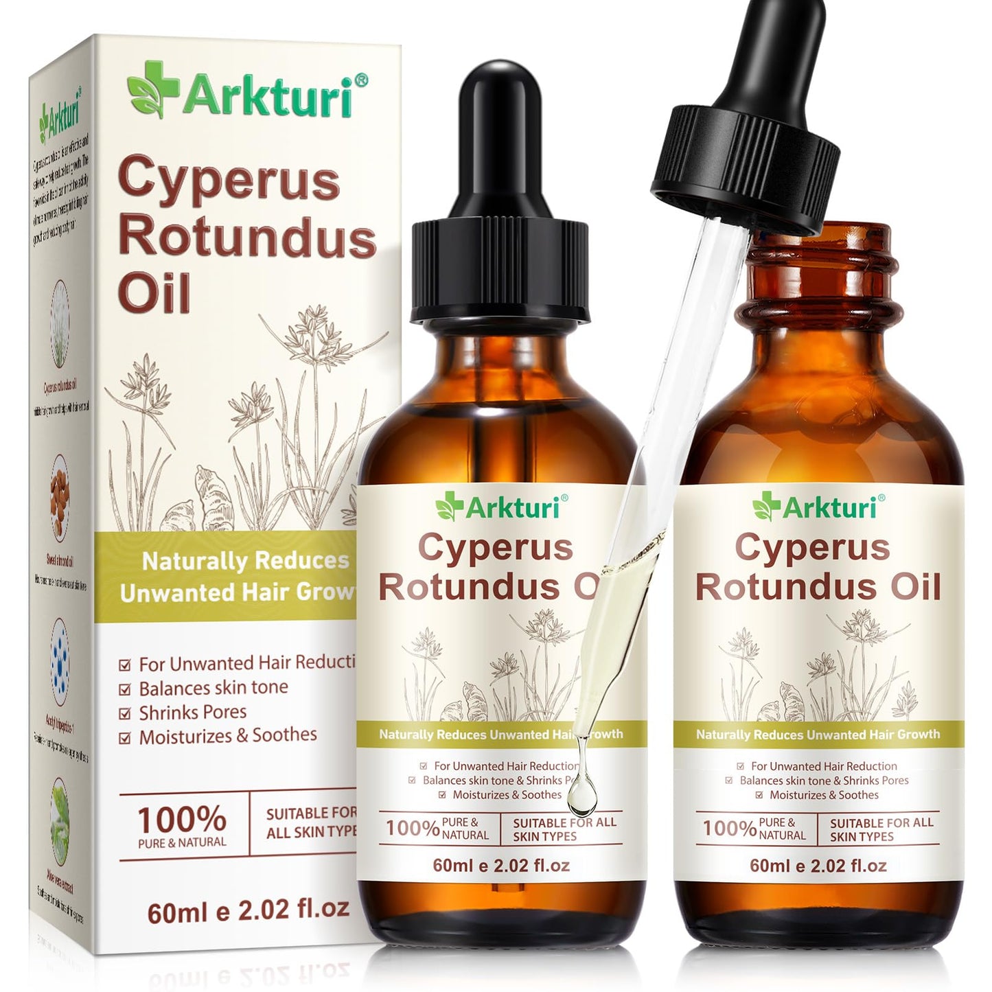 Cyperus Rotundus Oil, Cyperus Rotundus Oil for Hair Removal, Reduces Unwanted Hair Growth, Moisturizing & Soothing, Natural Inhibitor to Reduce Body Hair Growth, Shrink Pores