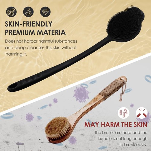 VWMYQ Silicone Back Scrubber for Shower, Upgrade Long Handle Silicone Body Scrubber, Back Scrubber Exfoliating and Massage Can Produce More Foam, Long Handle Back Scrubber for Men Women