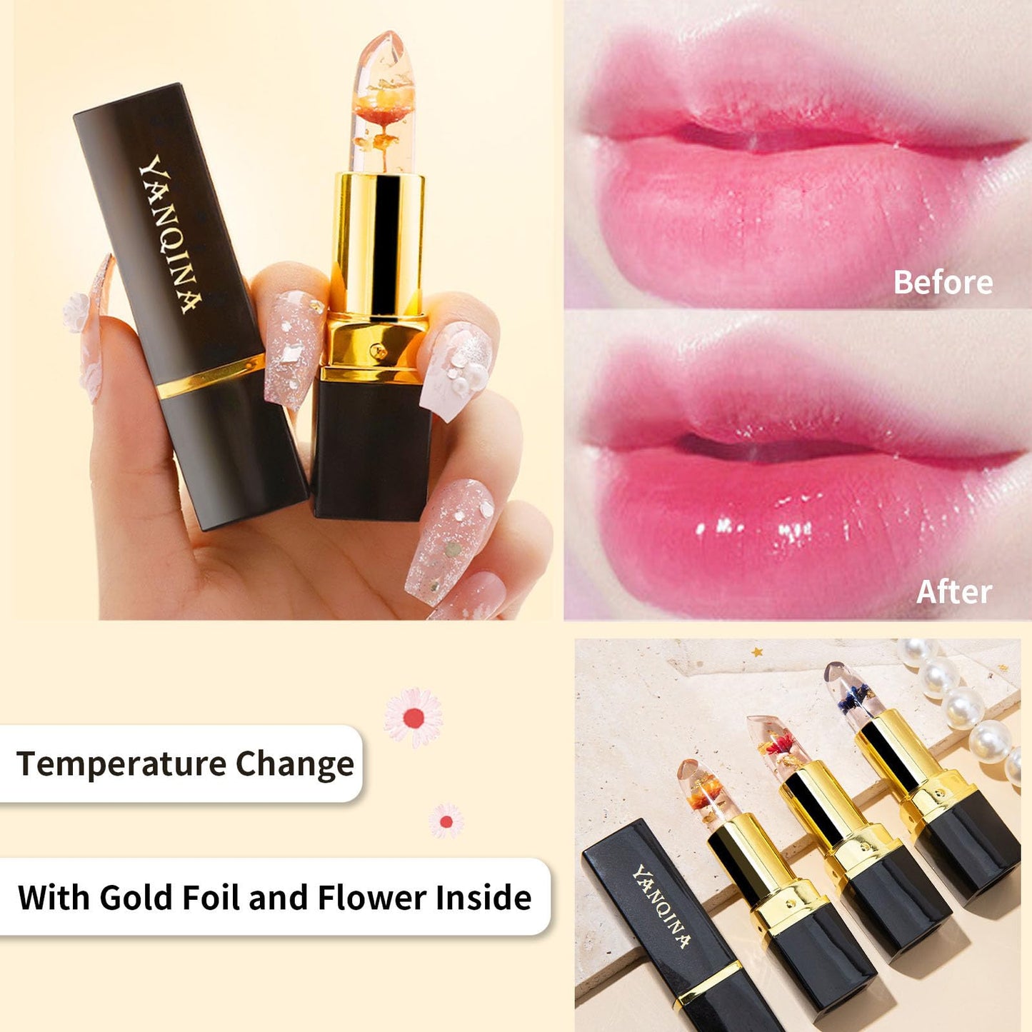 JIAYUTONG Color Changing Flower Lipstick - Hydrating Jelly Lip Balm with Flower Inside, Long Lasting Moisturizing Gloss, Nourishing Lip Care (Pink Tube-Pink)
