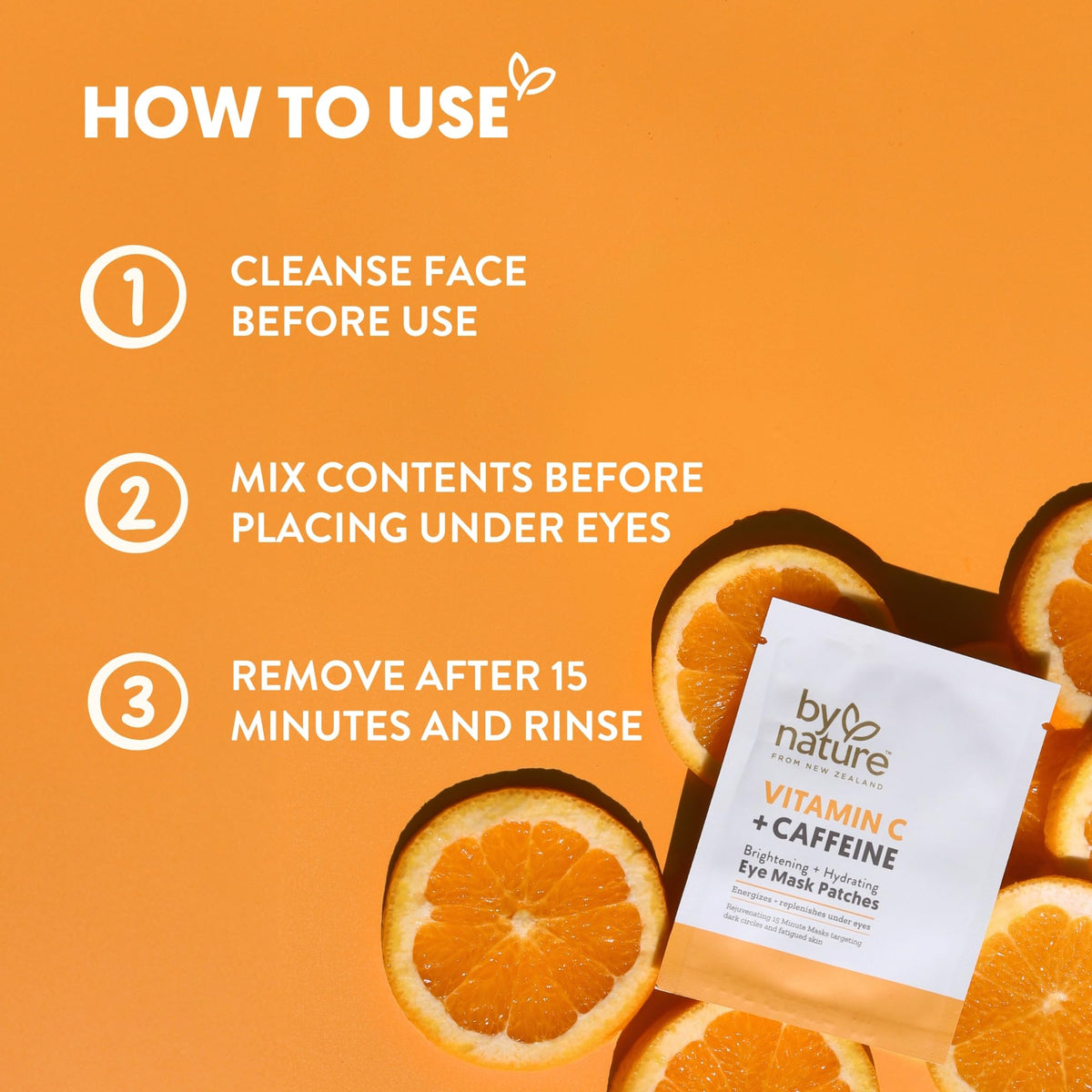 By Nature Vitamin C + Caffeine + Hydrating Under Eye Mask Patches - Energizing + Replenishing Eye Patches for Dark Circles - Skincare from New Zealand - Under Eye Patches - 5 Pairs
