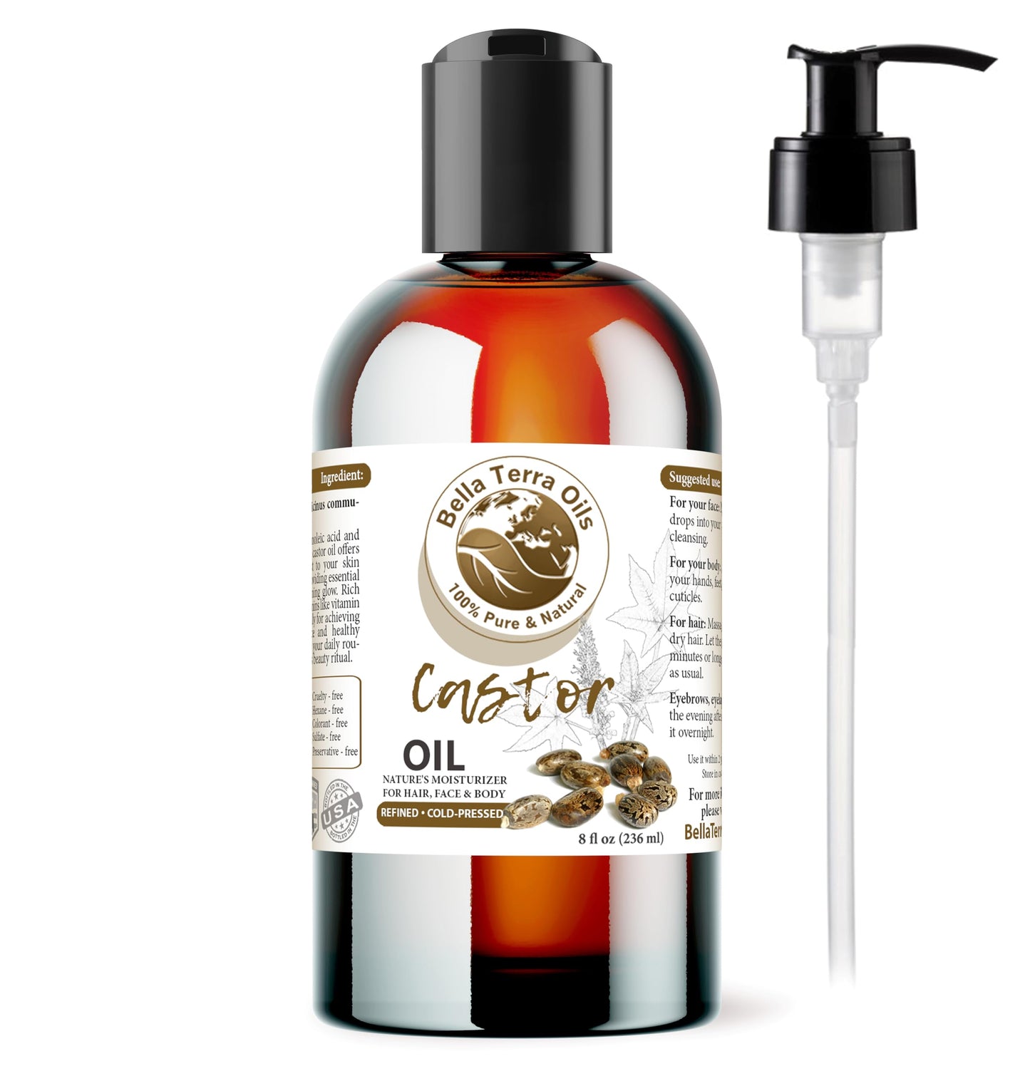 Bella Terra Oils - Natural Castor Oil 8oz - The Essence of Natural Castor Nourishment, Enriched with Vitamins & Essential Minerals, Skin's Best Friend