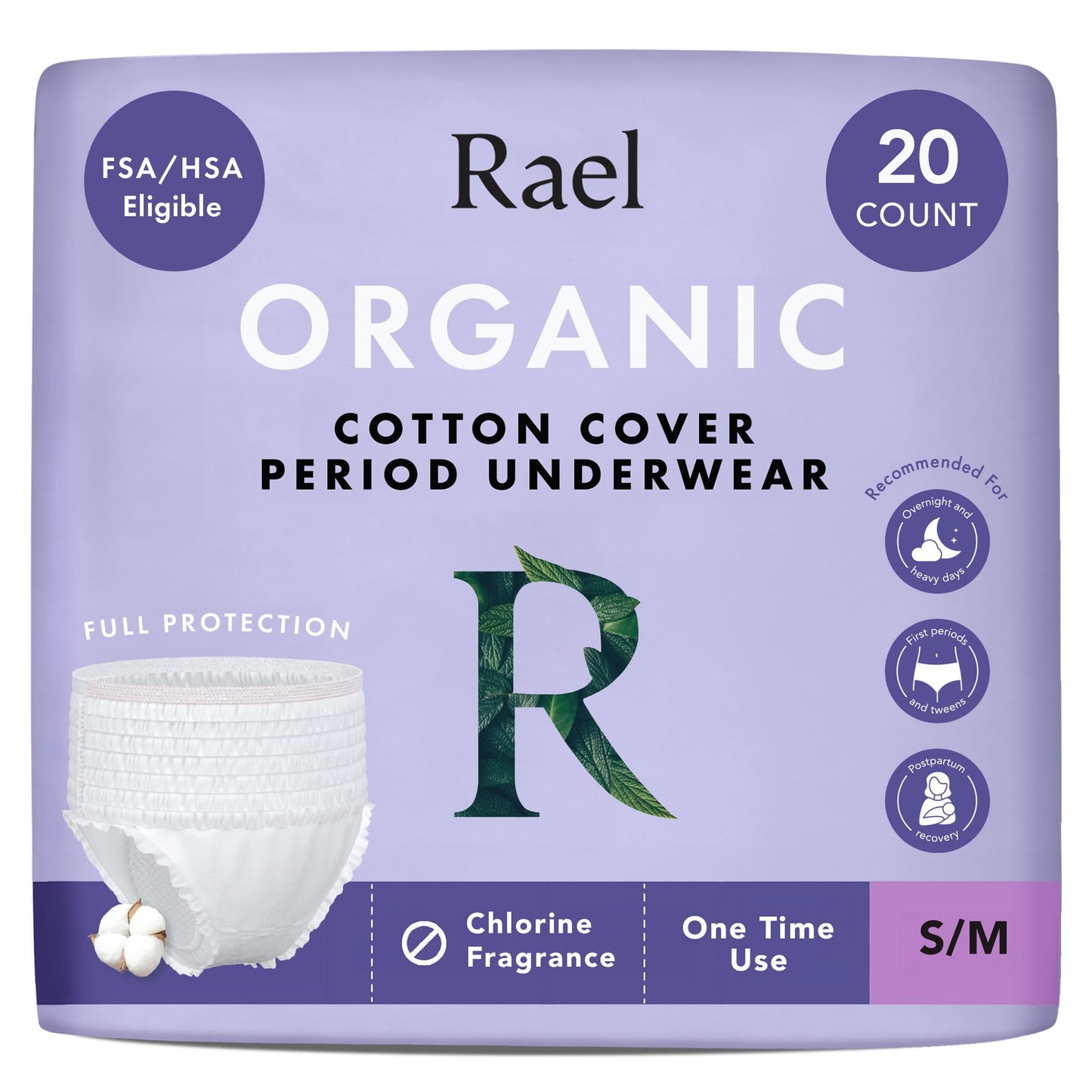 Rael Disposable Period Underwear, Organic Cotton Cover (Size S-M, 20 Ct)
