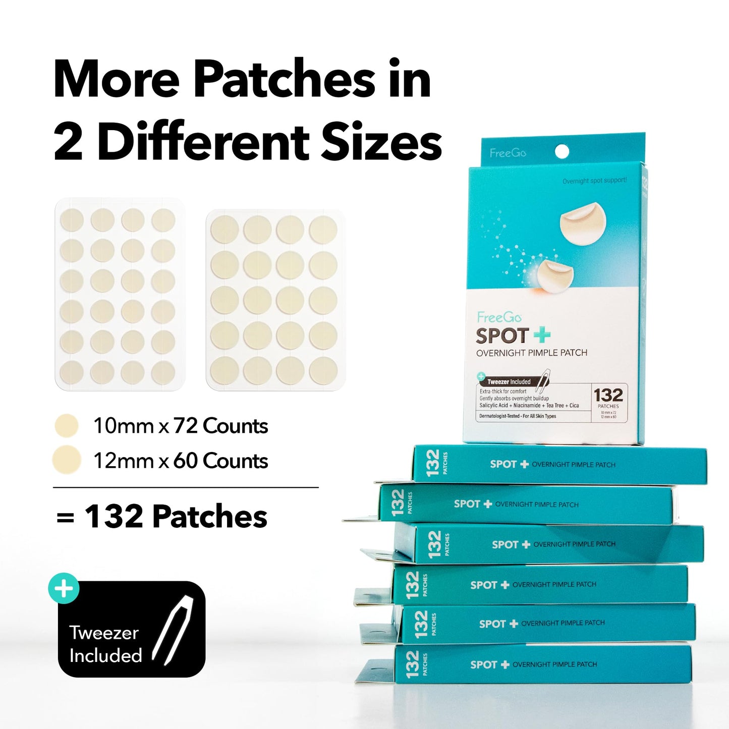 FreeGo Spot+ Hydrocolloid Overnight Patches for Face, Large Patches for Breakouts, Zit, Blemish Spot, Facial Stickers, Korean Pimple Patches (132 Counts)
