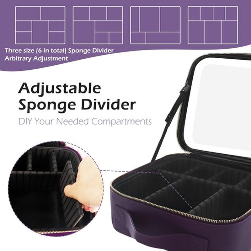 MOMIRA Makeup Bag with Mirror and Light Travel Makeup Train Case Cosmetic Bag Organizer Portable Artist Storage Bag with Adjustable Dividers Makeup Brushes Storage Organizer Deep purple