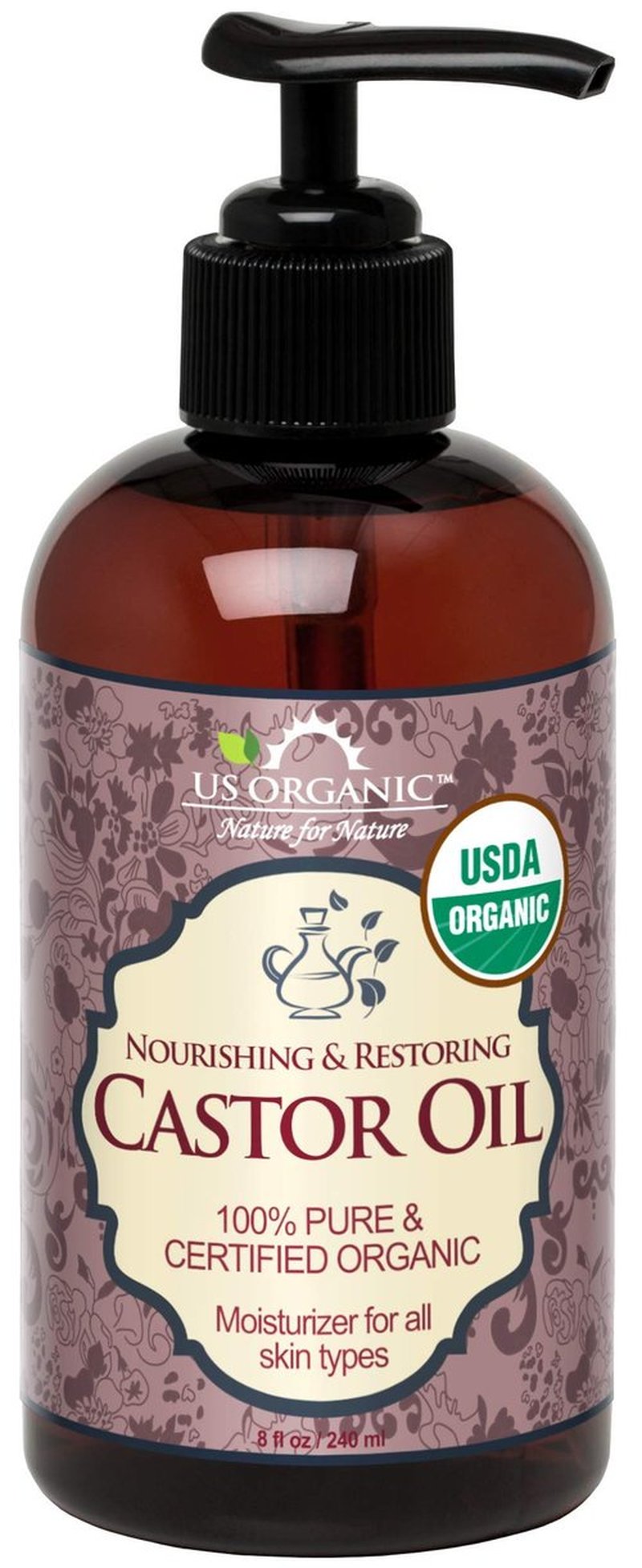 US Organic Castor Oil, USDA Certified Organic,Expeller Pressed, Hexane Free, 100% Pure & Natural moisturizing and emollient properties, For Skin, Hair Care, Eyelashes, DIY projects (8 oz (240 ml))