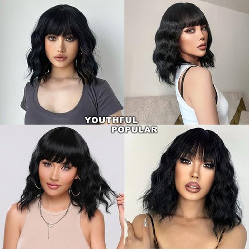 Amarlis Short Black Wigs for Women, 14 Inch Bob Curly Wig with Bangs, Natural Looking Heat Resistant Synthetic Fiber Bob Wigs for Cosplay Daily Party Use