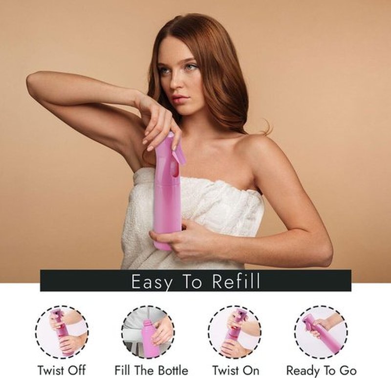 VIGOR PATH Continuous Spray Bottle with Ultra Fine Mist - Versatile Water Sprayer for Hair, Home Cleaning, Salons, Plants, Aromatherapy, and More - Empty Hair Spray Bottle - 300ml/10.1oz (Pink)