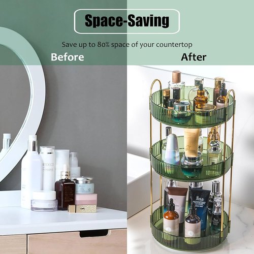 Zufudo Rotating Makeup Organizer 3 Tier Lazy Susan Trays Skincare Perfume Organizer for Bathroom Counter Vanity, Green Gold