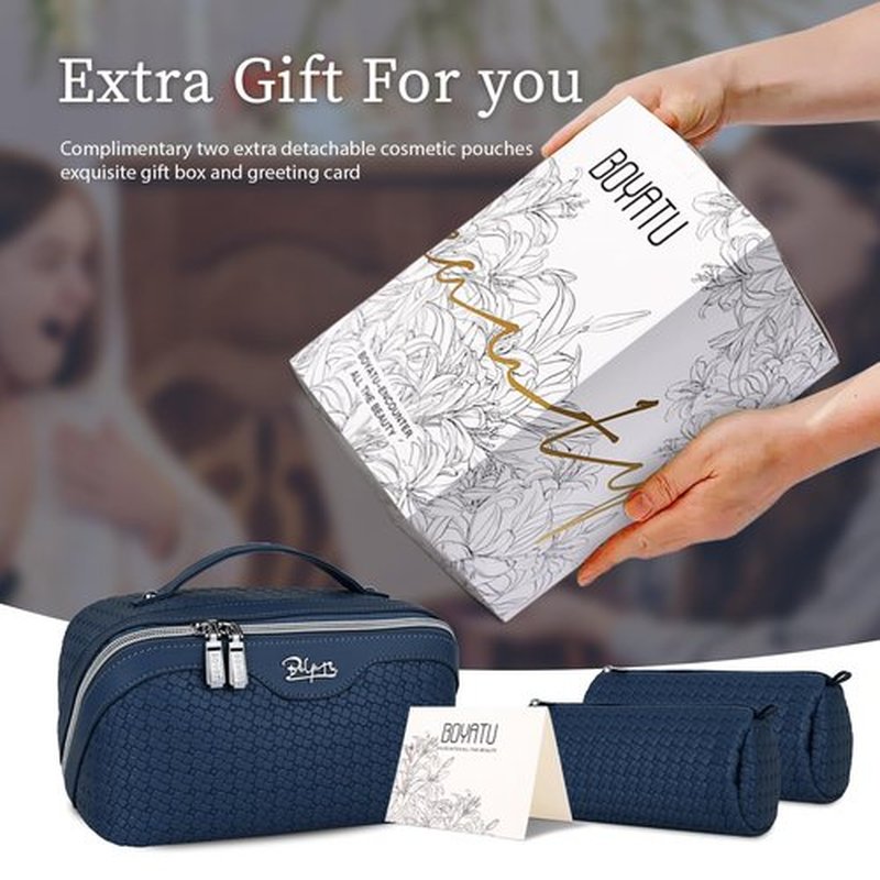 Travel Makeup Bags Cosmetic Organizer Bag: Large Capacity Make up Bag Set of 3 - Vegan Leather Woven Toiletry Bag for Women - Portable Makeup Organizer with Compartments & Handle & Divider Blue