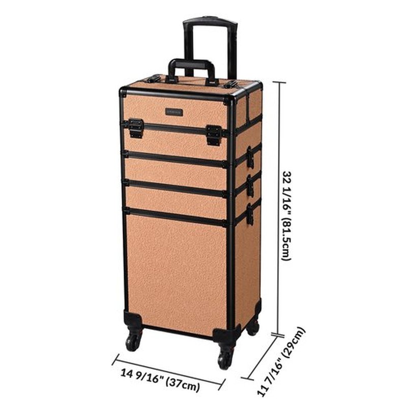 BYOOTIQUE Rolling Makeup Train Case 4in1 Cosmetic Trolley Organizer Travel Case Lockable Salon Barber Case with Wheels for Makeup Artist Trave Nail,Rococo Coral