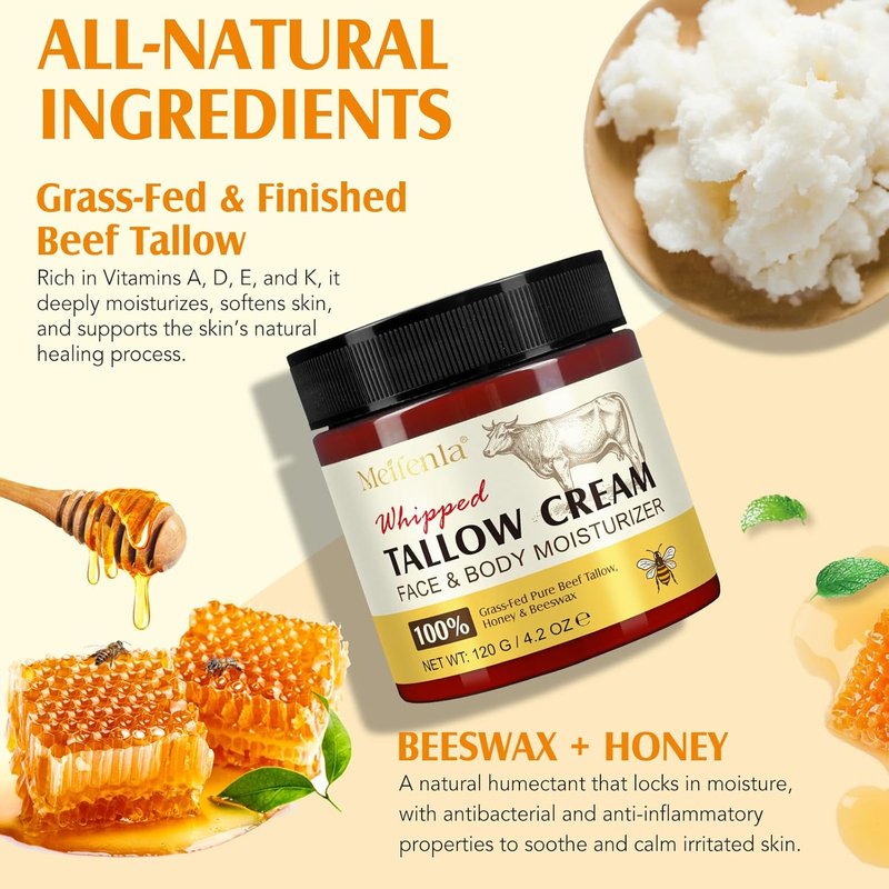 Beef Tallow Skin Balm - Organic Whipped Face Moisturizer | Deeply Moisturizing Body Butter for All Skin Types - 4.2 Oz