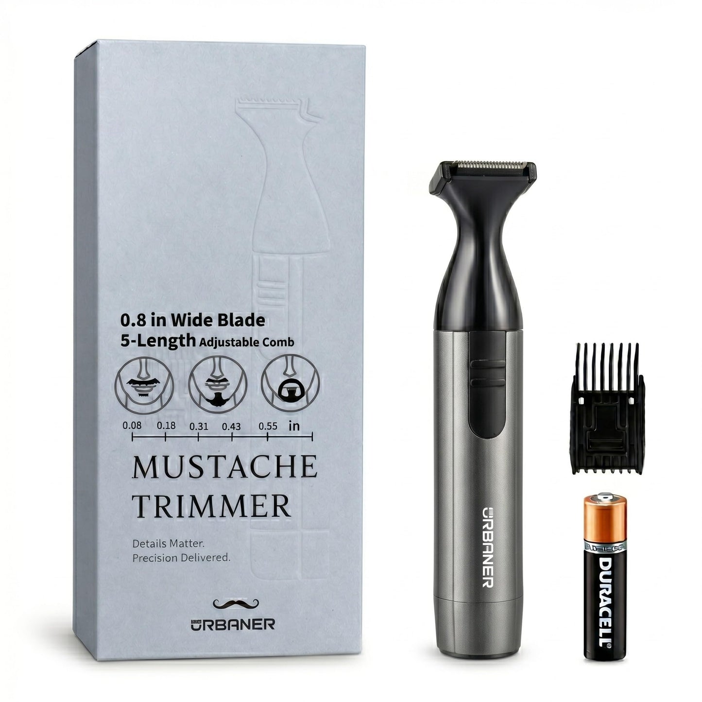 URBANER Mustache Trimmer – 0.8" Wide Blade, Waterproof & Adjustable, 0.08”-0.55” Precision Settings, Lightweight Grooming Clipper with Japanese Steel Blade for Travel Use (Black and Gray)