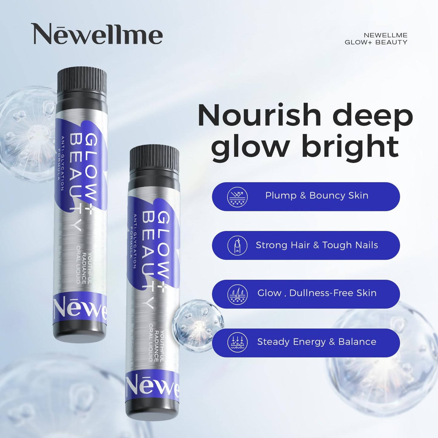 NEWELLME Liquid Collagen Drink for Women, 18,000mg Multi Collagen Complex with Hyaluronic Acid & Antioxidants, Beauty Supplement for Skin Hydration, Hair & Nails, Blue Raspberry, 14 Bottles