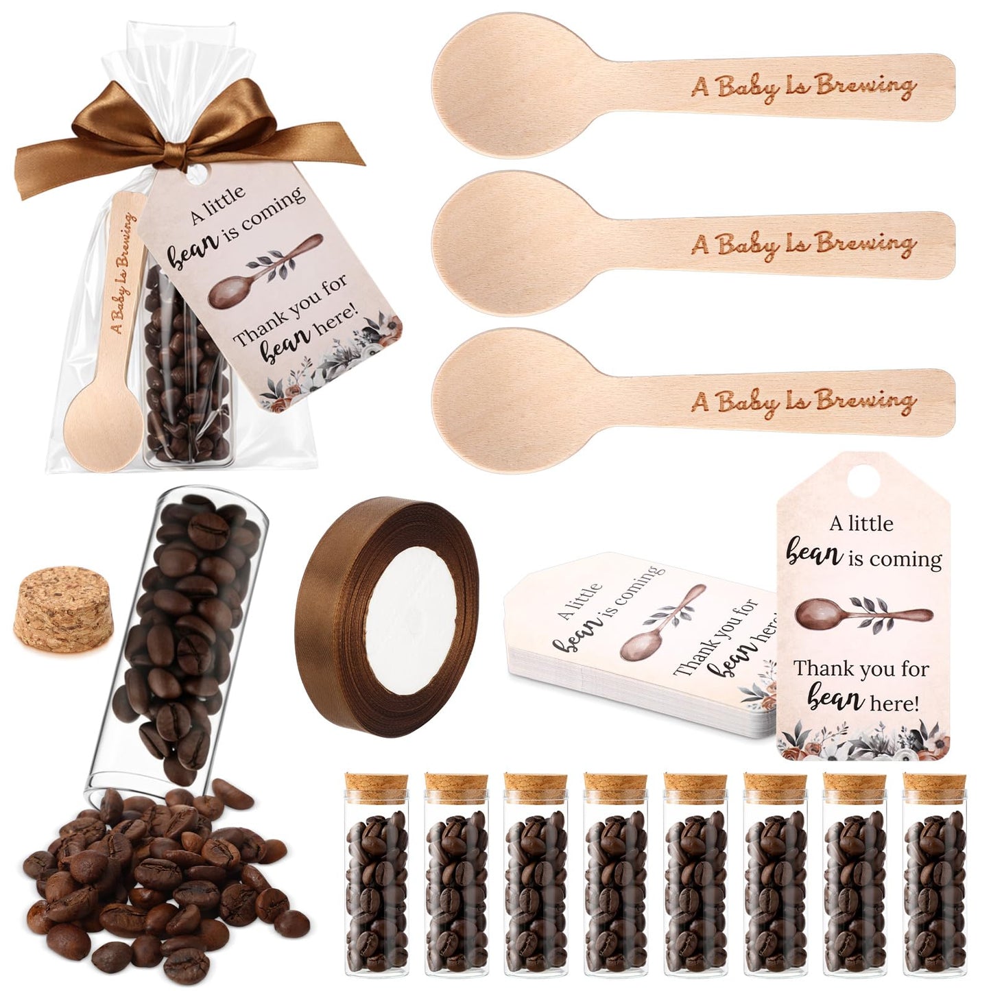 Gandeer 30 Set Coffee Baby Shower Favors for Guest A Baby Is Brewing Wooden Spoon Mini Coffee Glass Jar Thank You Card Brown Ribbon and Bags for Gender Reveal Party Guest Souvenirs