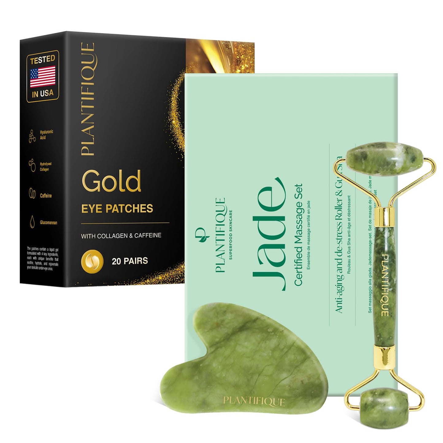 PLANTIFIQUE Jade Roller for Face Gua Sha Facial Tools and Gold Under Eye Patches for Puffy Eyes and Dark Circles 20 Pairs Under Eye Masks for Dark Circles and Puffiness Eye