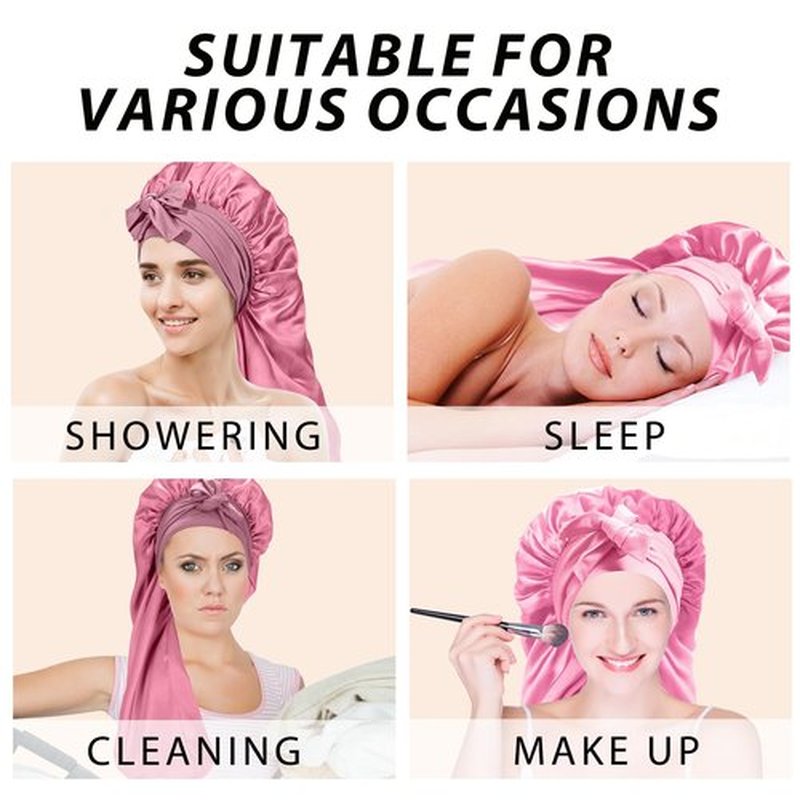 2Pcs Bonnets for Black Women Braid Bonnet, Large Long Bonnet Satin Bonnet for Braids,Black Women Silk Bonnet with Stretchy Tie Band Braid Bonnet for Sleeping Extra Long (Pink & Rose Pink)