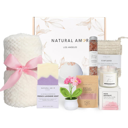 Spa Gift Set - 8-Piece Self-Care Box with Rose Clay Mask, Bath Bomb, Goat Milk Soap & Candle | Pink Ribbon Blanket