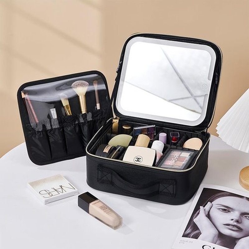 JXAUDEKK Large Capacity Travel Makeup Train Case with LED Mirror,Rechargeable LED Light for Makeup Cosmetic Case with Brushes Storage Organizer,Travel Box Cosmetic Bag for Women (black)