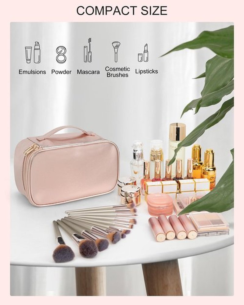 Relavel Makeup Bag, Small Travel Makeup Bag, Portable Cosmetic Case for Women, Double-layer Makeup Organizer Bag, Toiletry Bag for Women for Mother's Day (Rose Gold)
