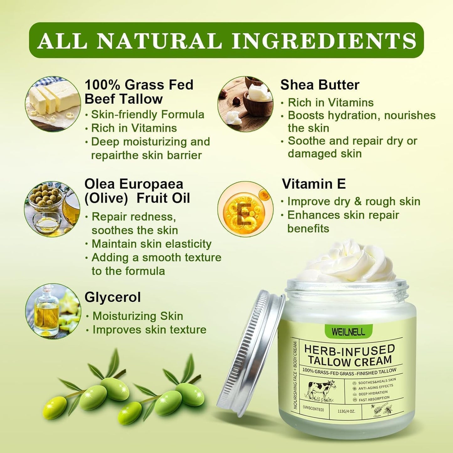 WEILNELL Beef Tallow for Skin, Tallow Face Moisturizer (4 Oz), Organic Grass Fed Beef Tallow Blam, Natural Moisturizer Hydrating Beef Tallow Cream, Deeply Moisturizing for Face & Body Skincare