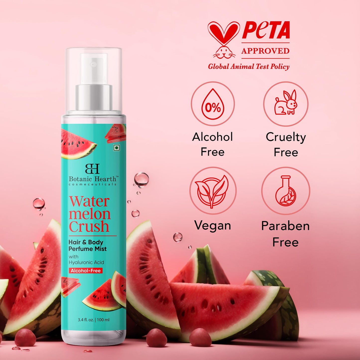 Botanic Hearth Watermelon Hair Perfume & Body Mist, Long-Lasting Hair Deodorizer & Body Scent for Women & Men, Alcohol-Free Clean Fragrance Hair Spray For Everyday Wear, All Day Freshness, 3.4 Fl Oz