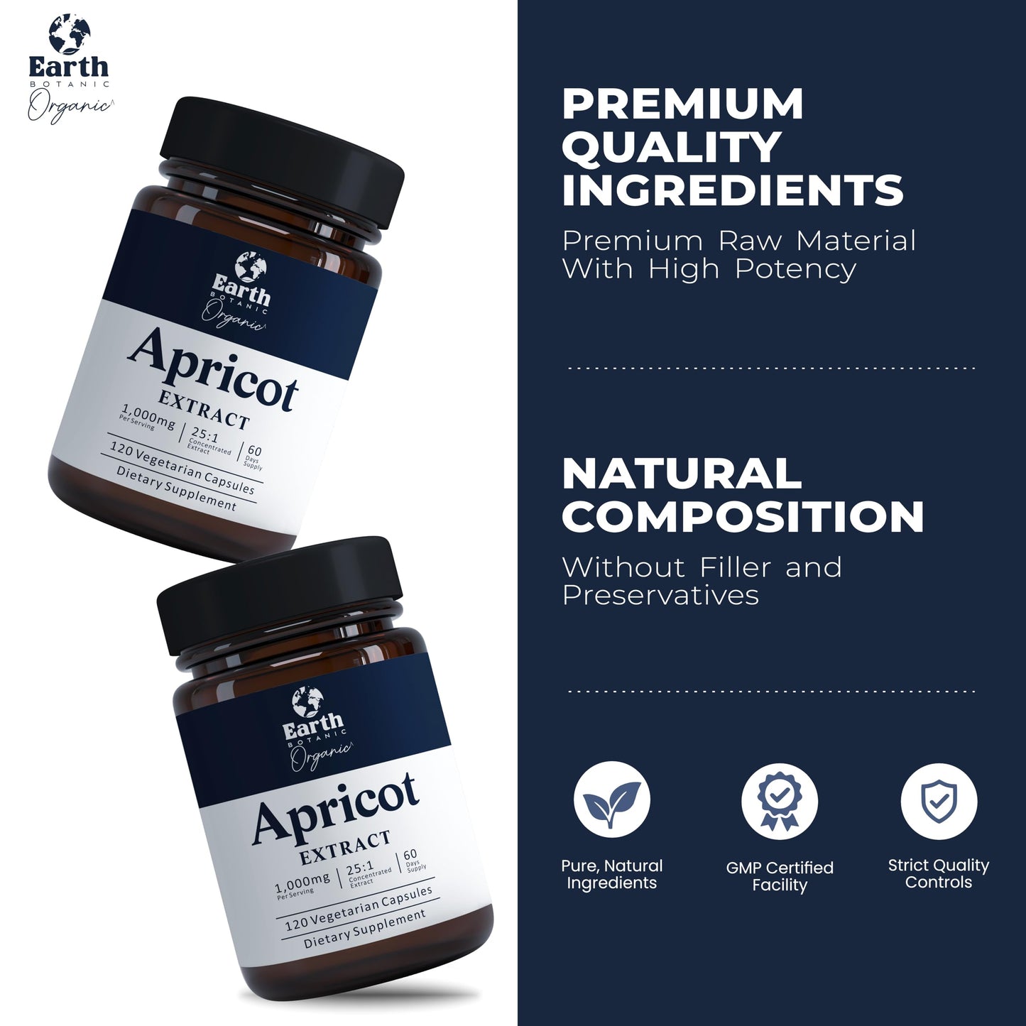 Earth BOTANIC Organic Apricot Extract, 1000 mg 120 Veggie Capsules (Vegan, Non-GMO) Herbal Supplements