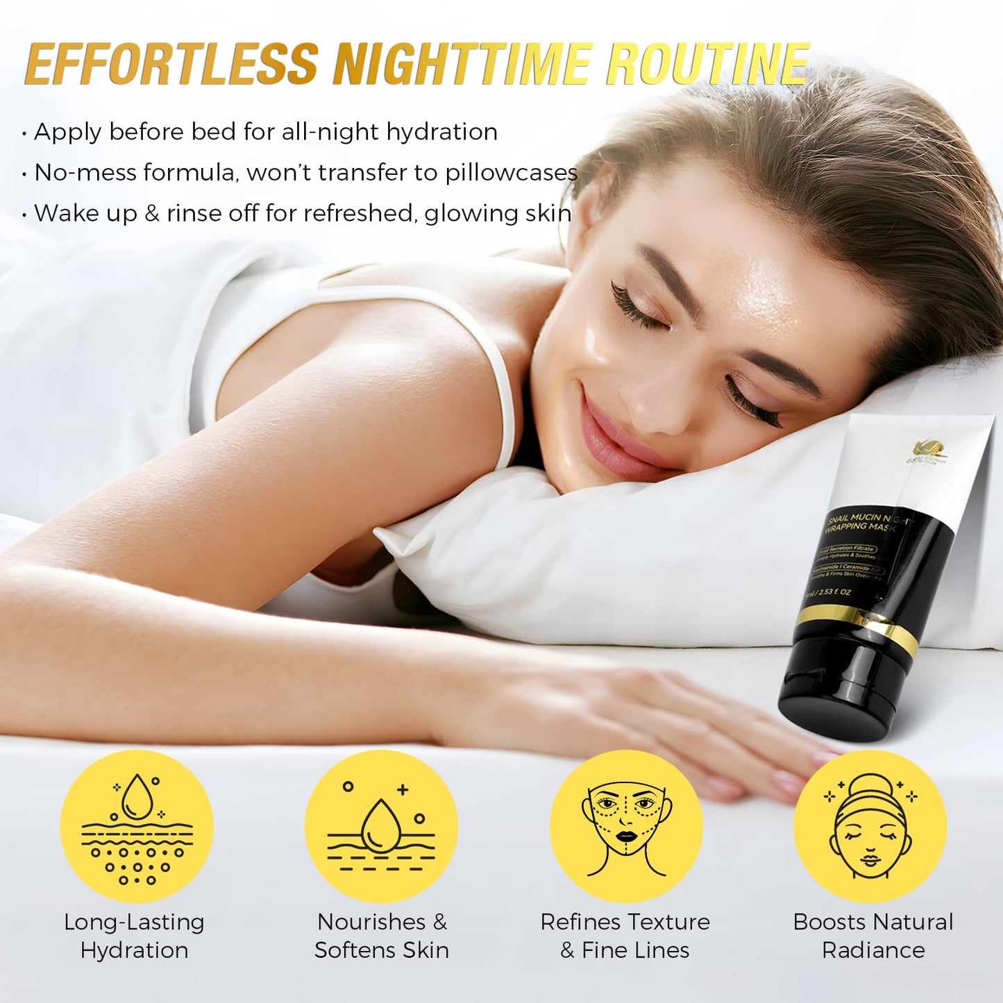 chenyayun 2Pack 9000PPM Snail Mucin Collagen Overnight Wrapping Peel Off Mask for Intensive Hydrating, Skin Barrier Repairing, Reducing Sagging/Wrinkles/Fine Lines, 2.53 Oz/75 ML