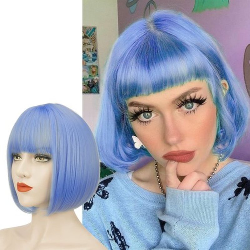 SOFEIYAN Short Straight Bob Wigs with Bangs 11 inch Synthetic Daily Party Cosplay Hair Wig for Black Women, Blue